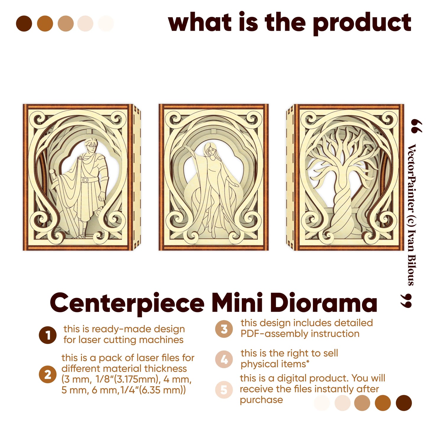 Three wooden centerpieces with intricate designs on a white background, featuring text about laser cutting machine files.