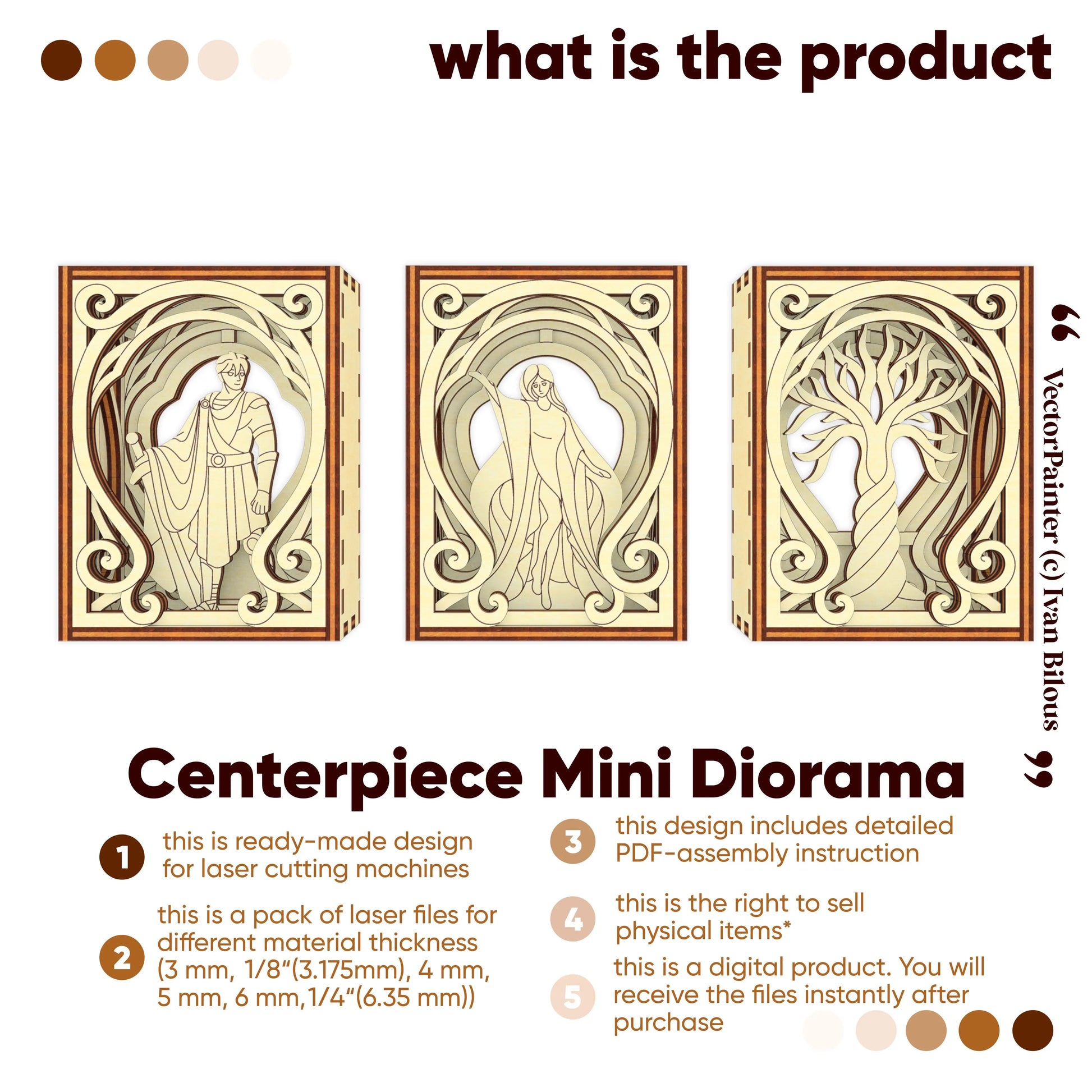 Three wooden centerpieces with intricate designs on a white background, featuring text about laser cutting machine files.