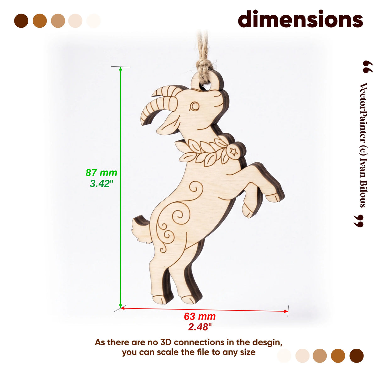 Dimensions guide infographic for laser cut plywood Christmas goat ornament showing measurements in millimeters and inches.