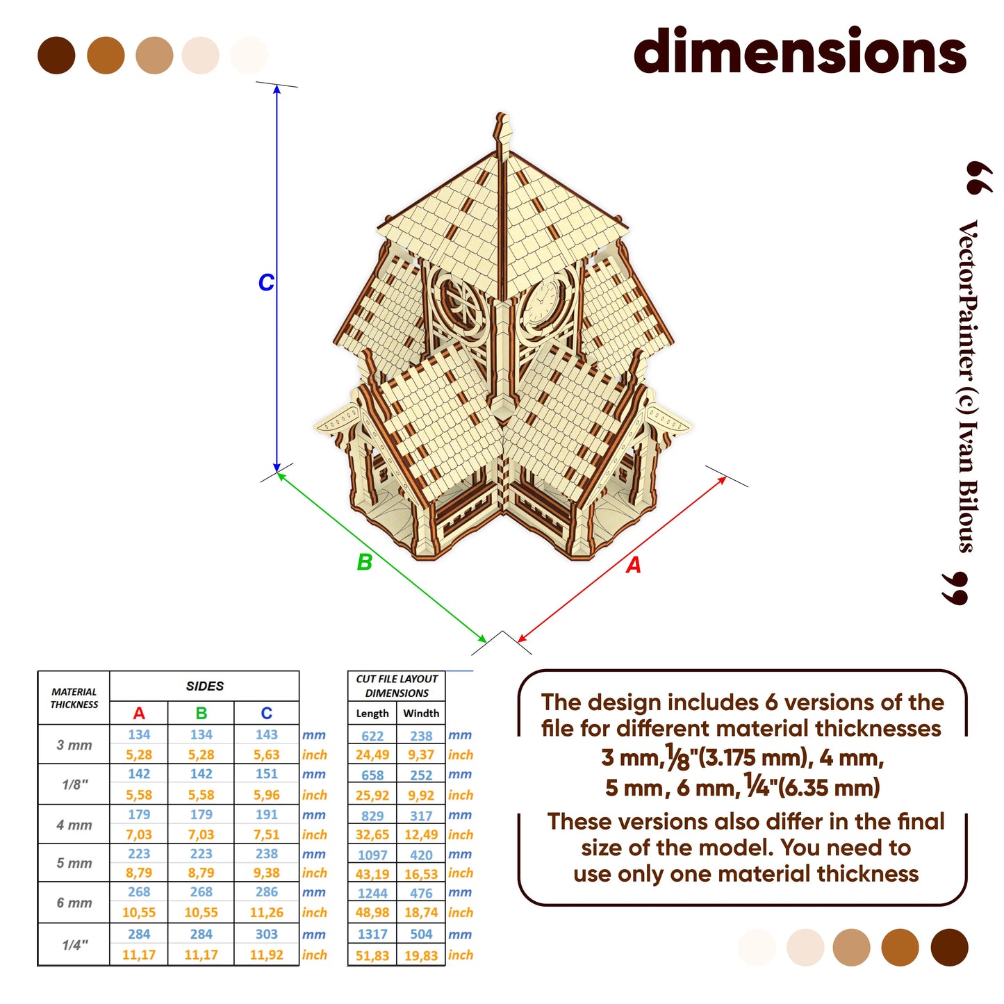 Dimension guide chart with metrics for building a miniature clock tower house from various laser cut plywood thicknesses