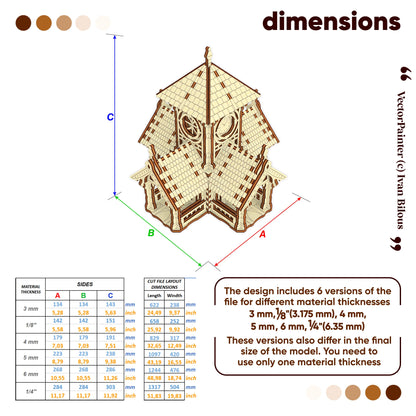 Dimension guide chart with metrics for building a miniature clock tower house from various laser cut plywood thicknesses