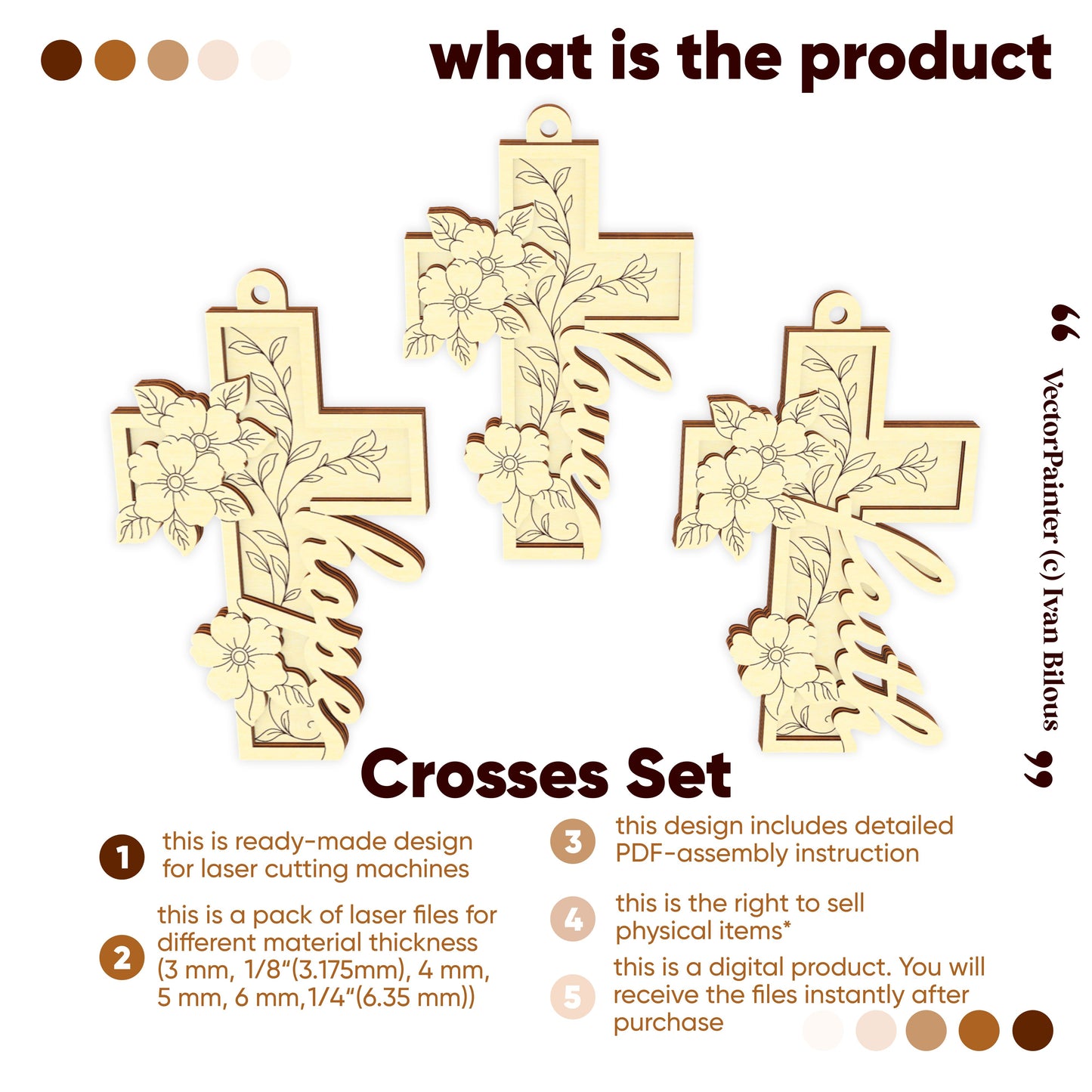 Set of laser-cut cross designs with floral patterns on a white background, featuring text about the product.