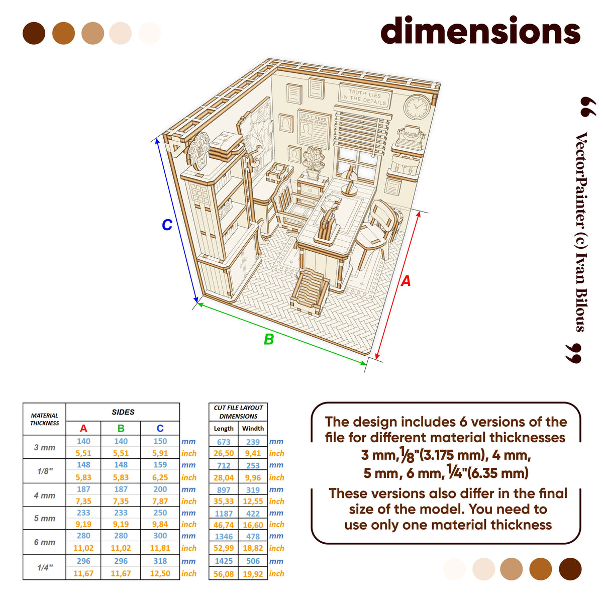 Dimensions guide infographic for laser cut plywood detective office book nook with size chart across 6 material thicknesses.
