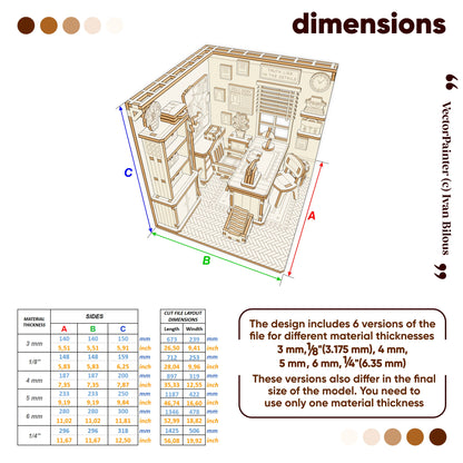 Dimensions guide infographic for laser cut plywood detective office book nook with size chart across 6 material thicknesses.