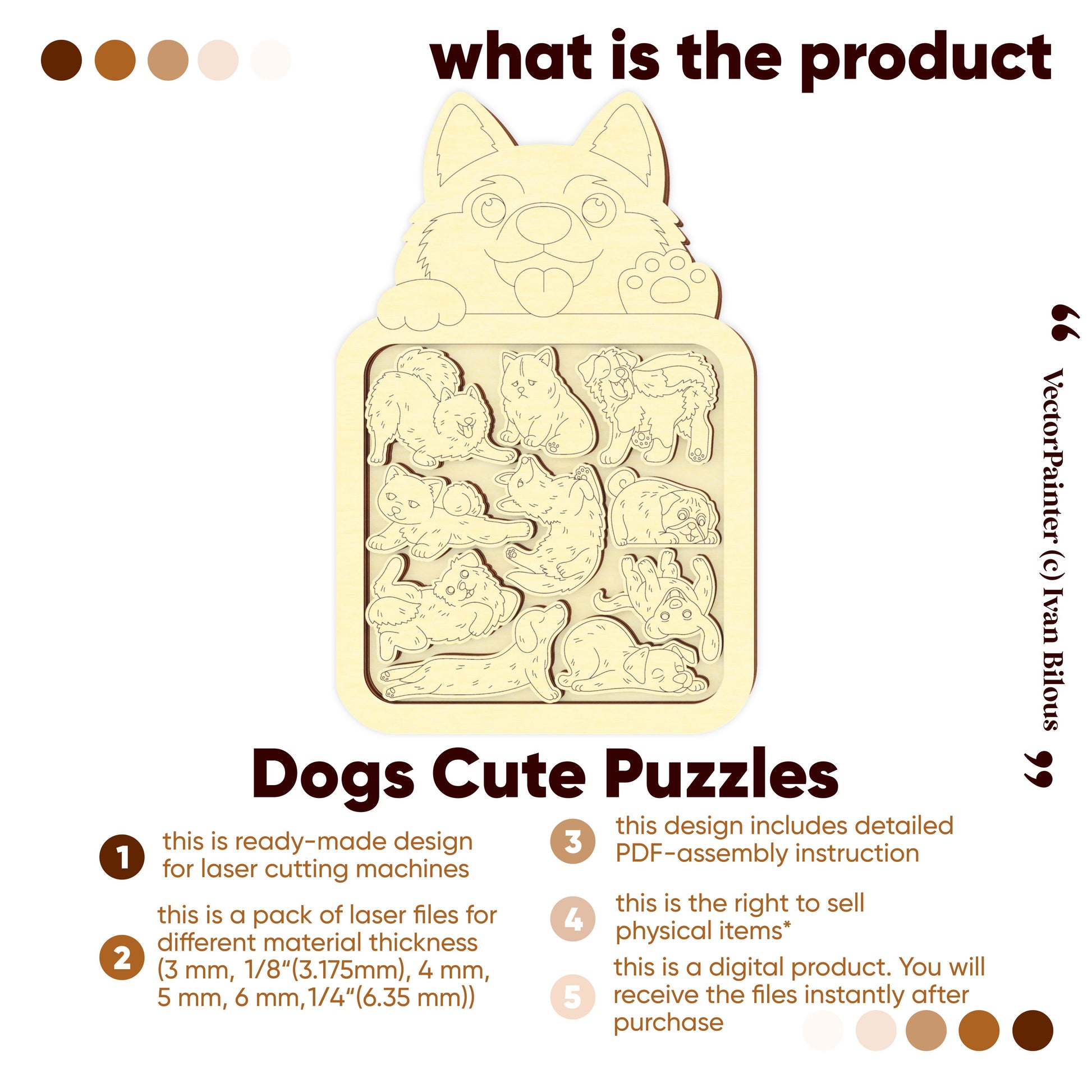 Product description for 'Dogs Cute Puzzles' with laser cutting design details on a white background.