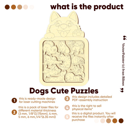 Product description for 'Dogs Cute Puzzles' with laser cutting design details on a white background.