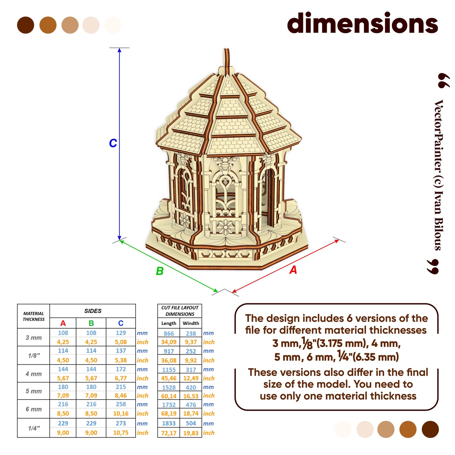 Dimension chart graphic showing 3D model sizing tables for an intricate laser cut plywood bee house