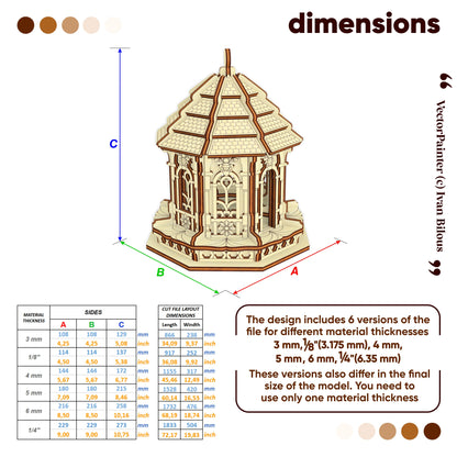Dimension chart graphic showing 3D model sizing tables for an intricate laser cut plywood bee house