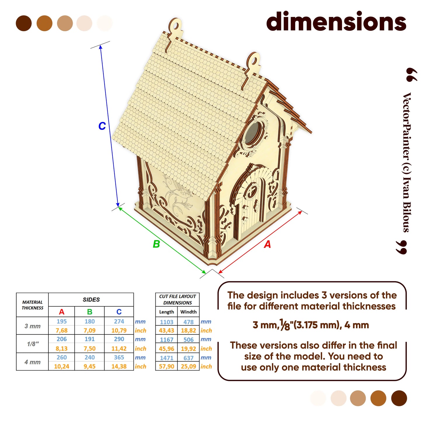 Dimensions chart for laser cut plywood fairy birdhouse, showing material thickness options from 3mm to 4mm