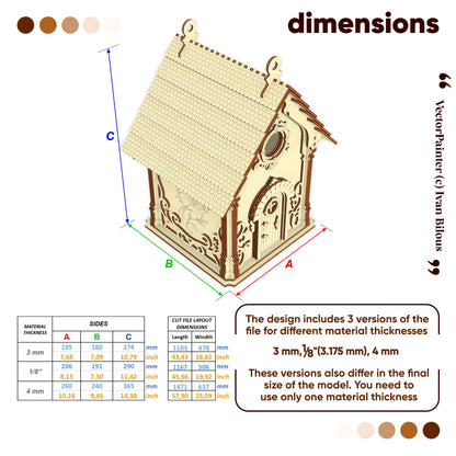 Dimensions chart for laser cut plywood fairy birdhouse, showing material thickness options from 3mm to 4mm