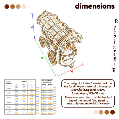Detailed dimensions diagram and sizing table for a laser-cut plywood Fairy Cart model across six material thickness options.