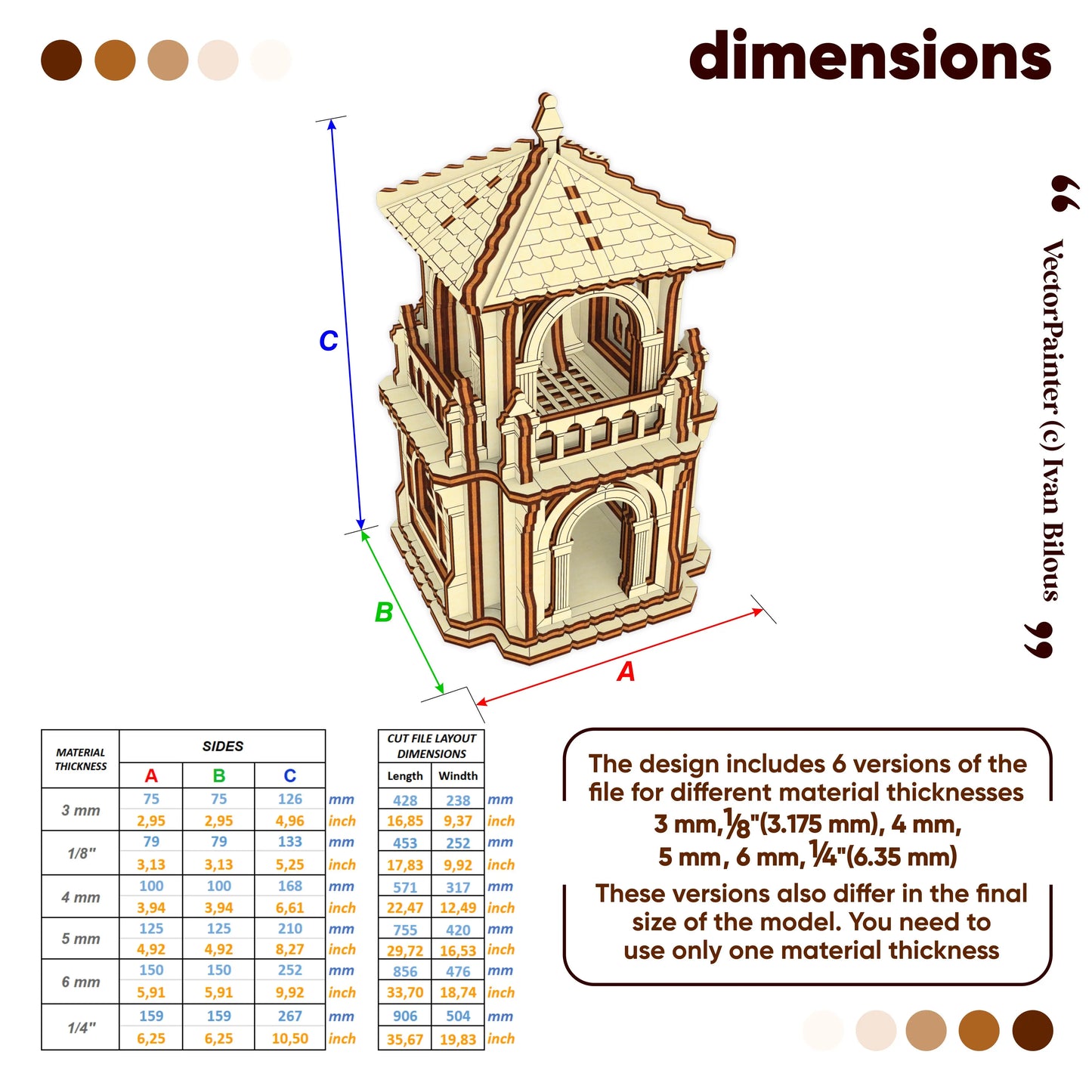 Dimension guide chart with metrics for building a miniature fantasy bell tower from different laser cut plywood thicknesses.