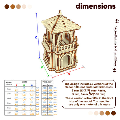 Dimension guide chart with metrics for building a miniature fantasy bell tower from different laser cut plywood thicknesses.