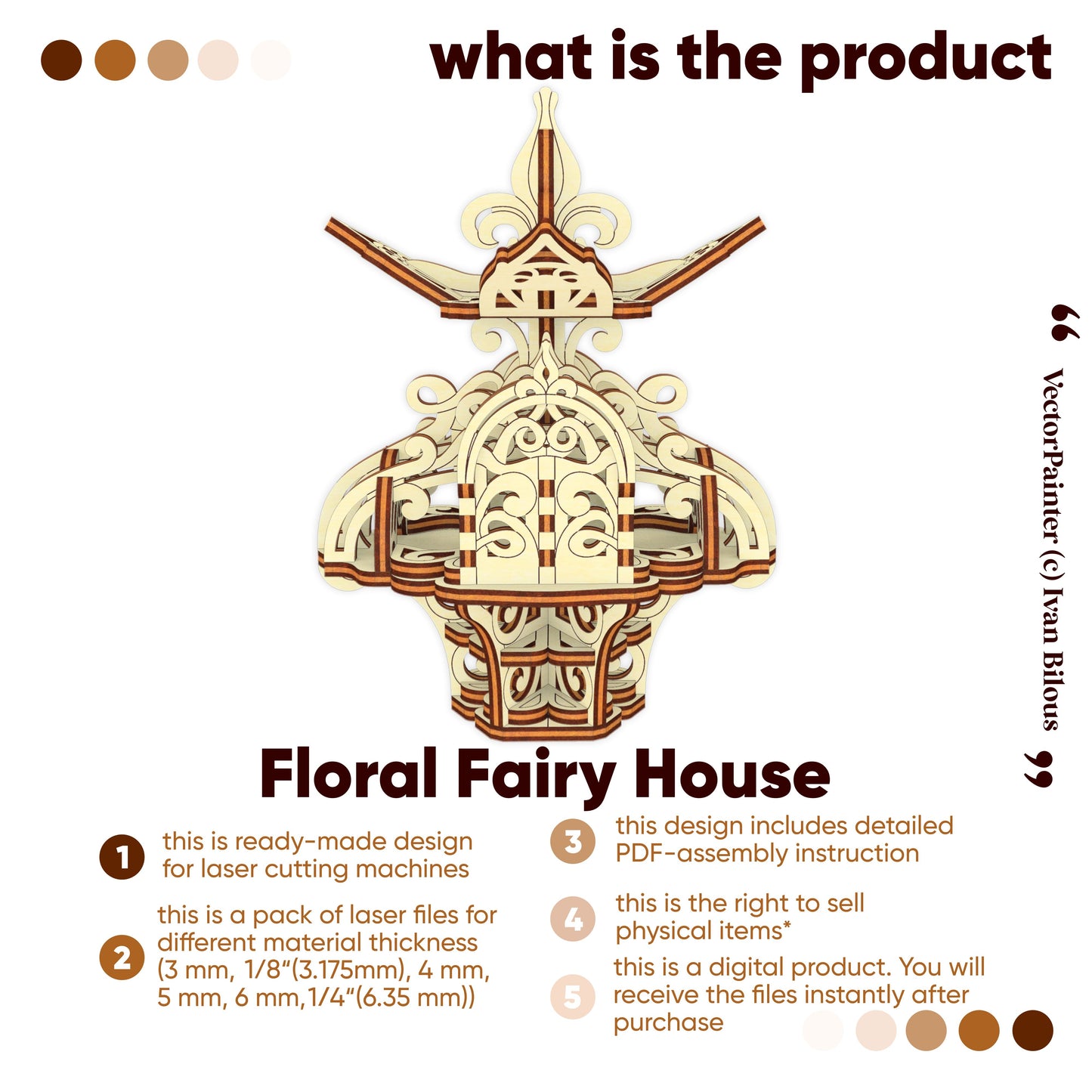 Floral Fairy House laser cutting design with product details on a white background