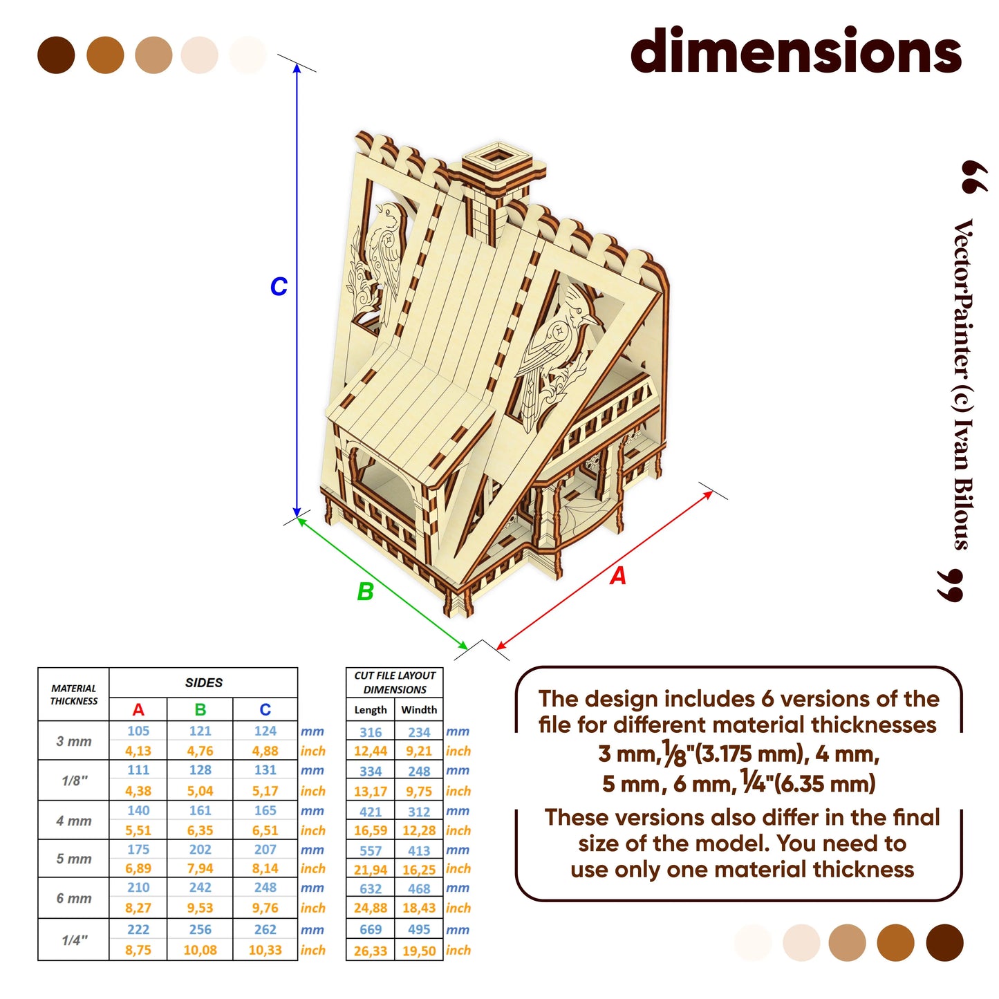 Dimension guide chart with metrics for building a miniature fairy cabin from different laser cut plywood thicknesses.