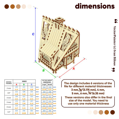 Dimension guide chart with metrics for building a miniature fairy cabin from different laser cut plywood thicknesses.