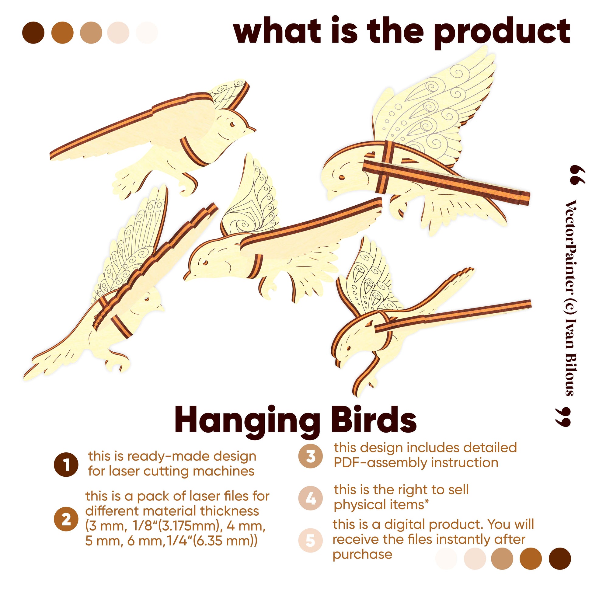 Illustration of hanging birds with laser cutting instructions on a white background
