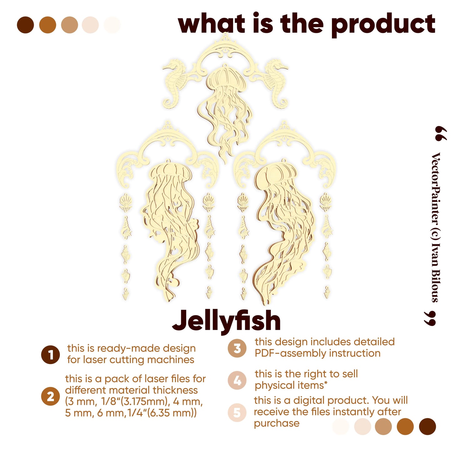 Decorative jellyfish design for laser cutting machines with text about product features.