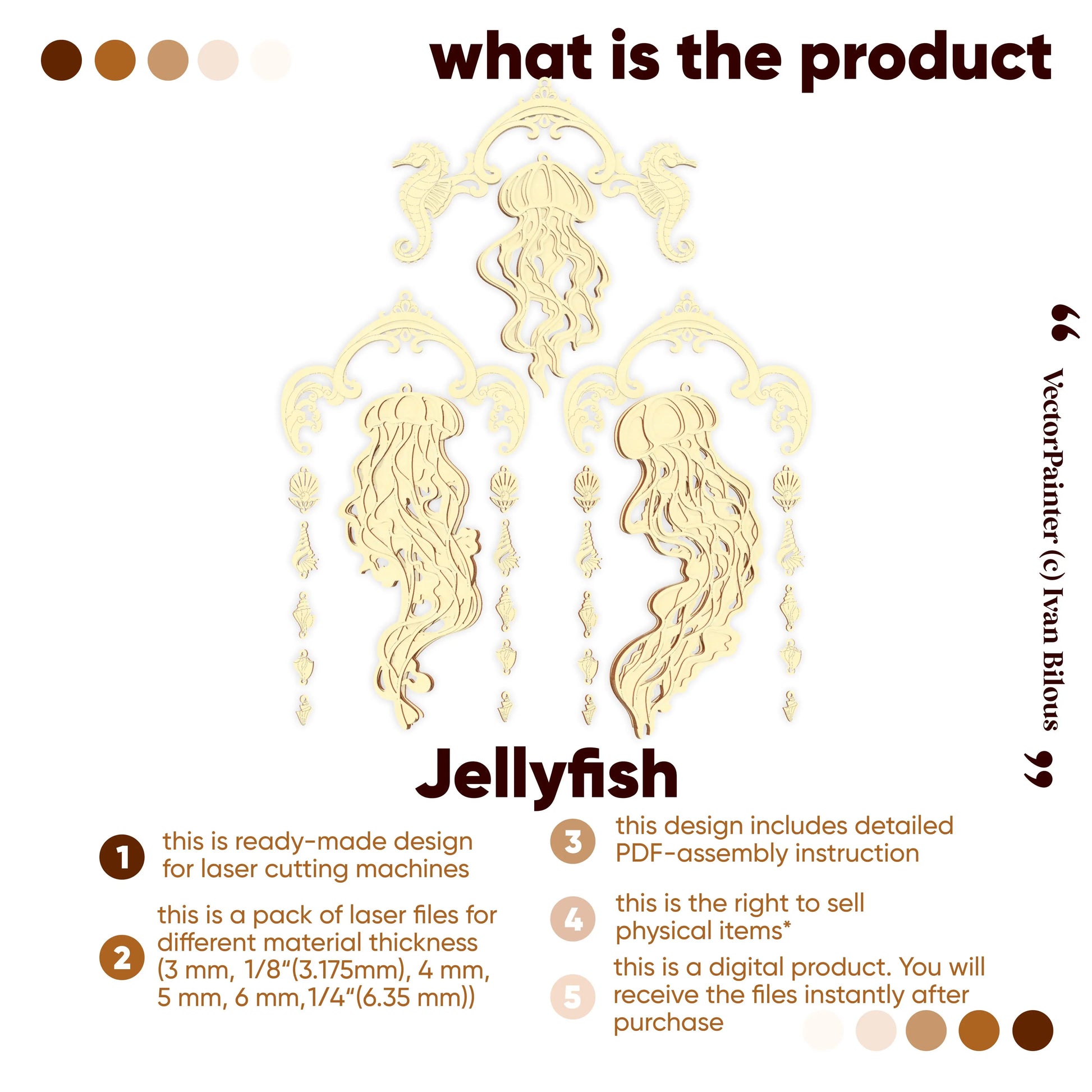Decorative jellyfish design for laser cutting machines with text about product features.