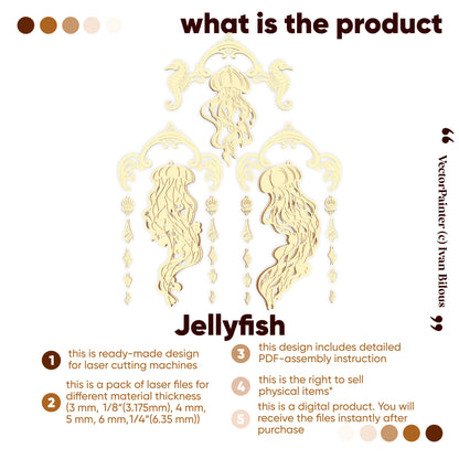 Decorative jellyfish design for laser cutting machines with text about product features.