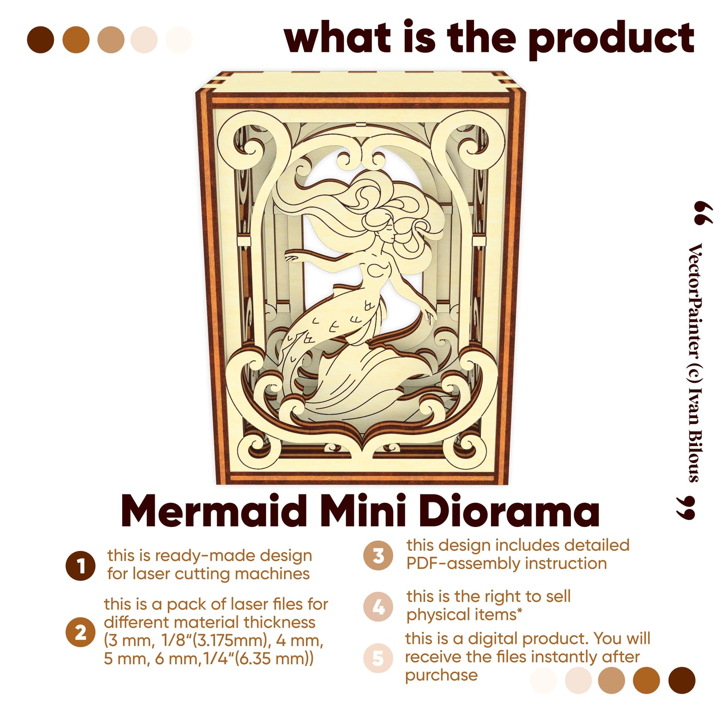 Mermaid mini diorama design with laser cutout for cutting machines on a white background
