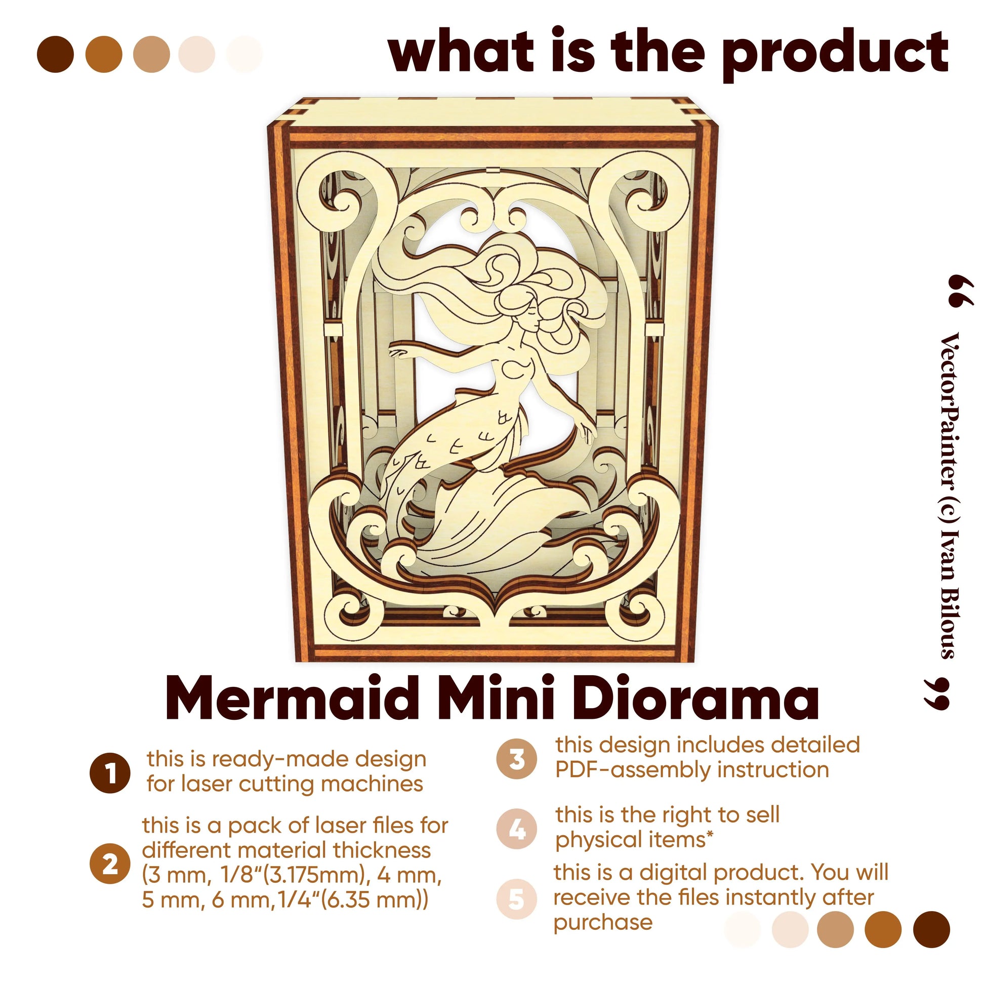 Mermaid mini diorama design with laser cutout for cutting machines on a white background