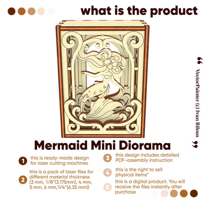 Mermaid mini diorama design with laser cutout for cutting machines on a white background