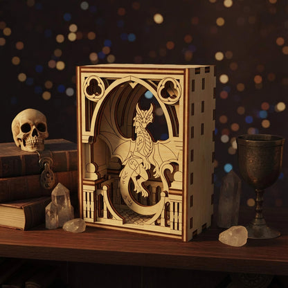 Wooden dragon laser cut model in a decorative setting with books, skull, and goblet.