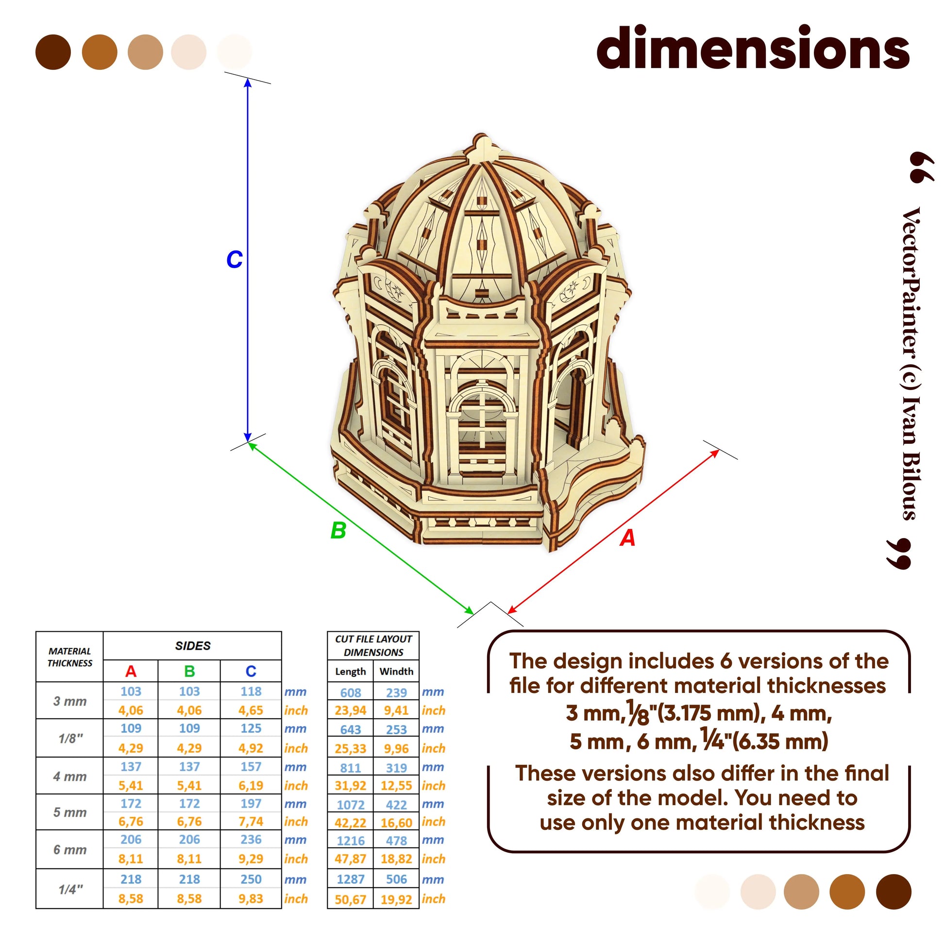 Dimensions chart infographic for a laser cut plywood Moon Fairy House showing height, width, and material thickness sizes.
