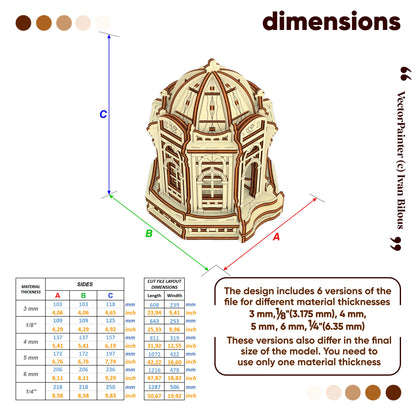 Dimensions chart infographic for a laser cut plywood Moon Fairy House showing height, width, and material thickness sizes.