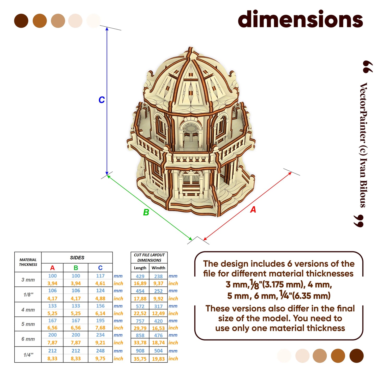 Model of a building with dimensions and material thickness options displayed.