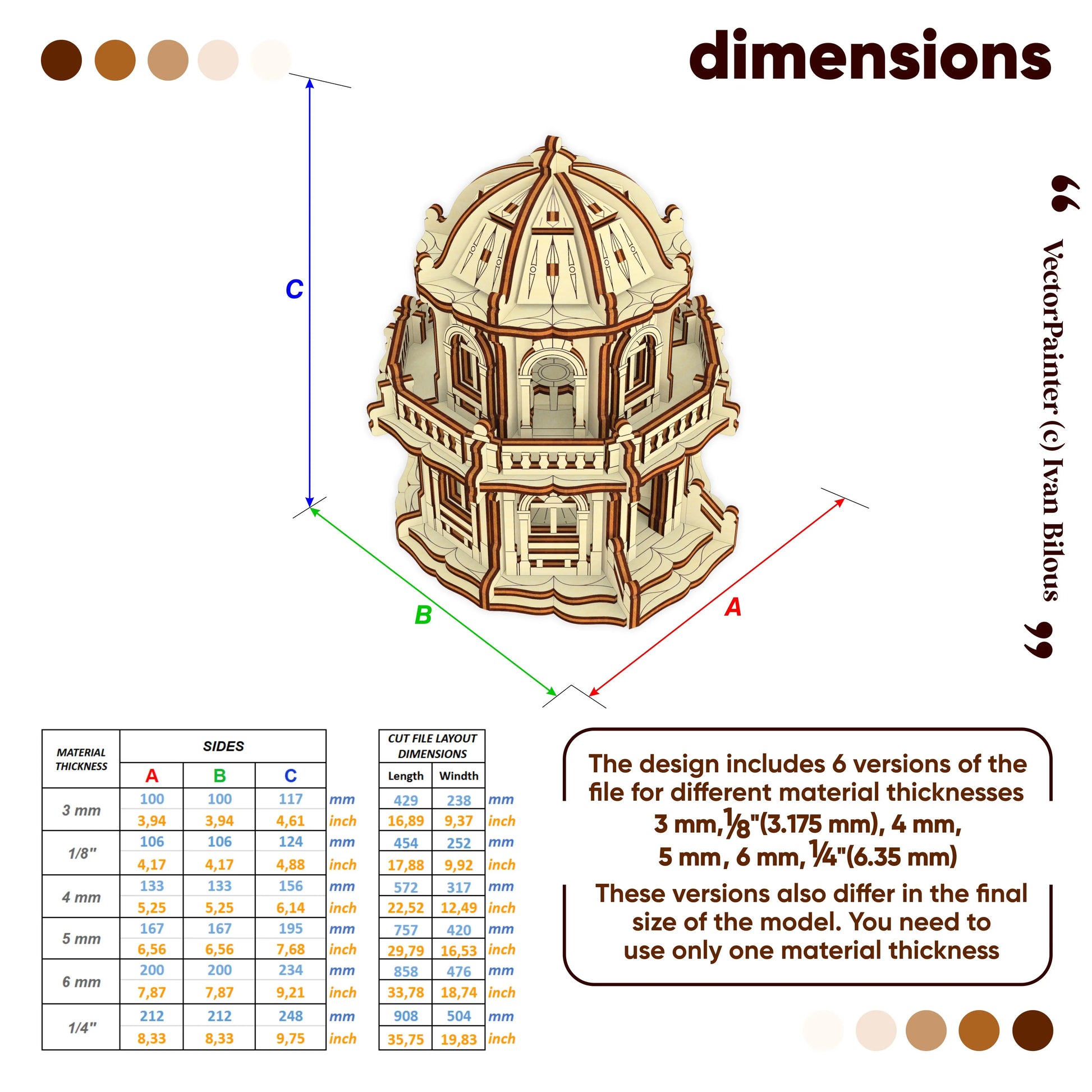 Model of a building with dimensions and material thickness options displayed.