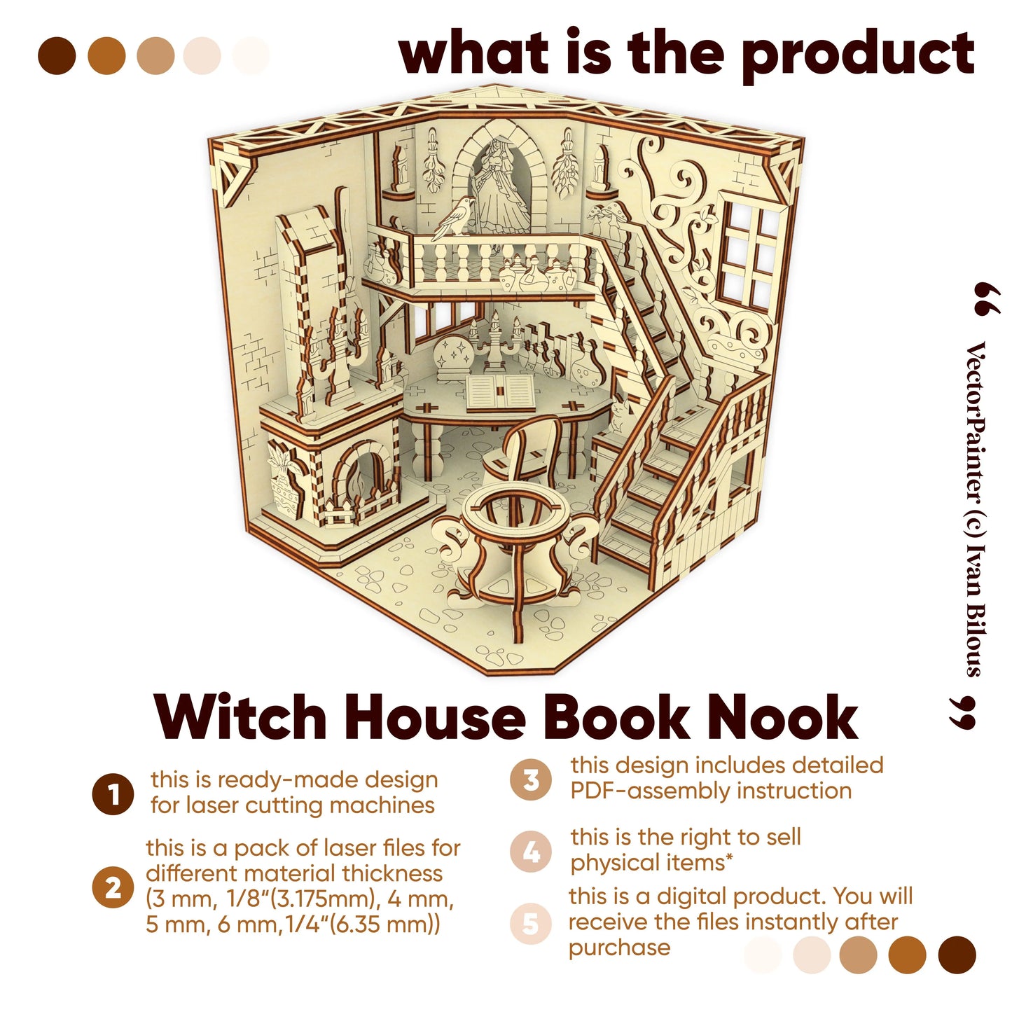 Witch House Book Nook laser cut file product packaging with detailed design and text on a white background
