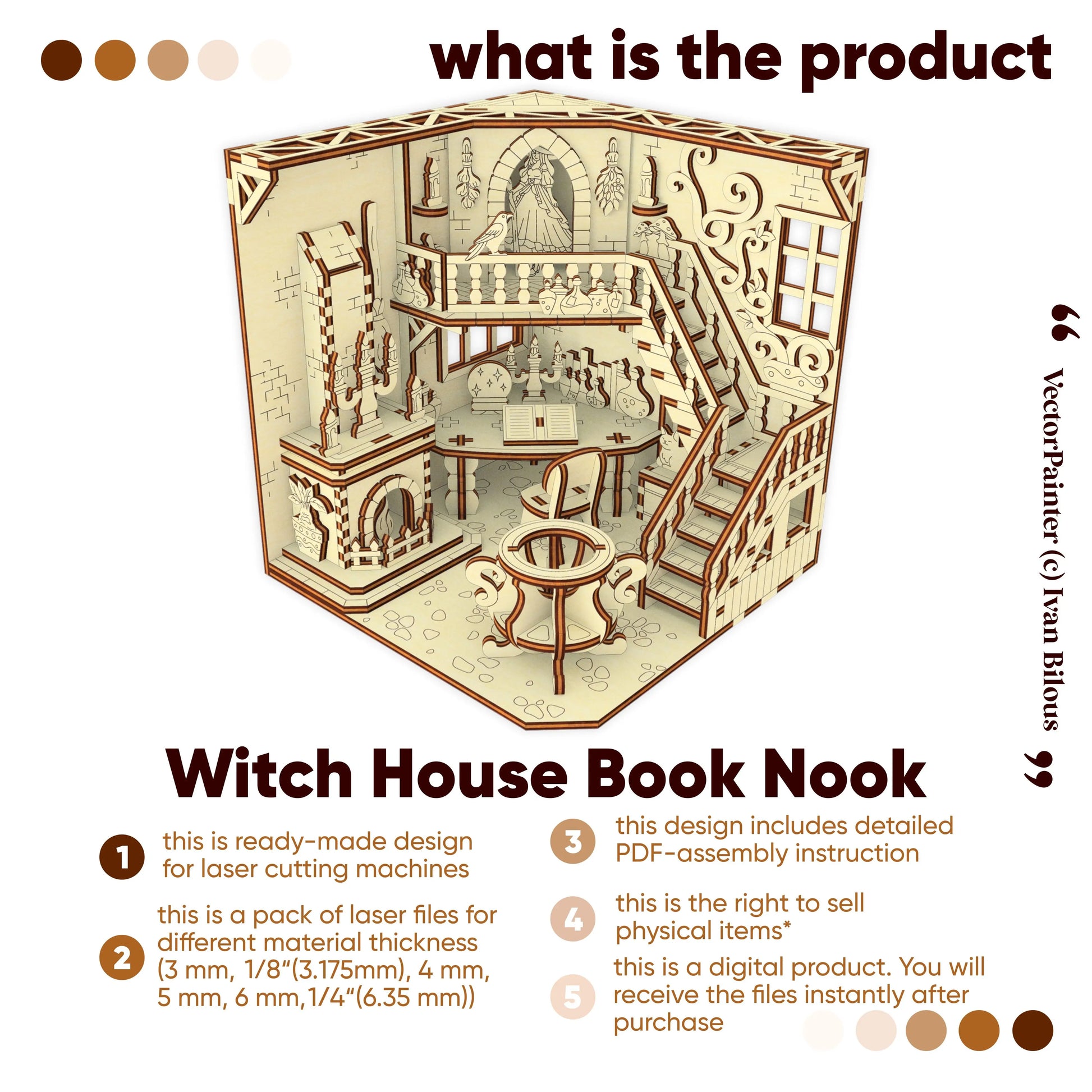 Witch House Book Nook laser cut file product packaging with detailed design and text on a white background