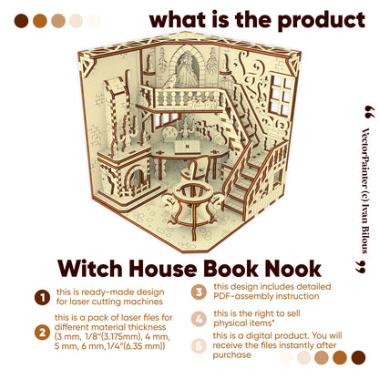 Witch House Book Nook laser cut file product packaging with detailed design and text on a white background