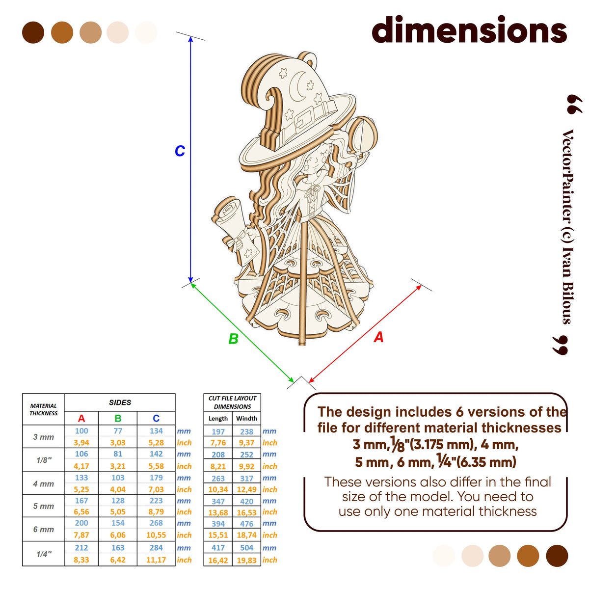 Dimensions guide infographic for laser cut plywood witch ornament showing exact measurements across 6 material sizes.