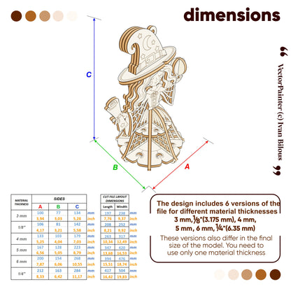 Dimensions guide infographic for laser cut plywood witch ornament showing exact measurements across 6 material sizes.