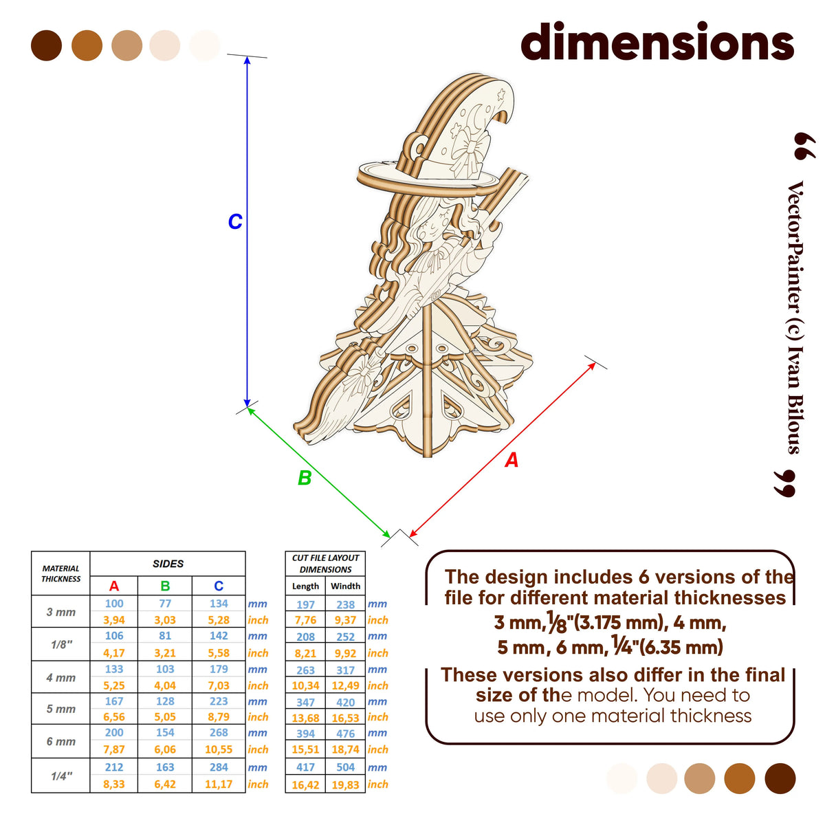 Dimensions guide infographic for laser cut plywood witch ornament showing exact measurements across 6 material sizes.