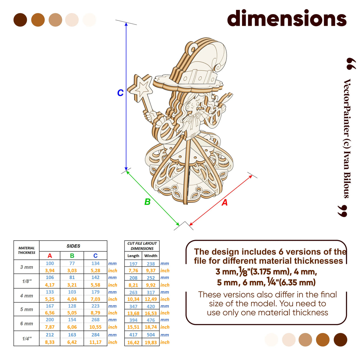 Dimensions guide infographic for laser cut plywood witch ornament showing exact measurements across 6 material sizes.