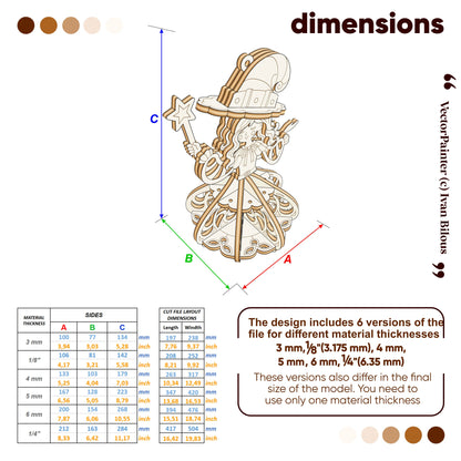 Dimensions guide infographic for laser cut plywood witch ornament showing exact measurements across 6 material sizes.