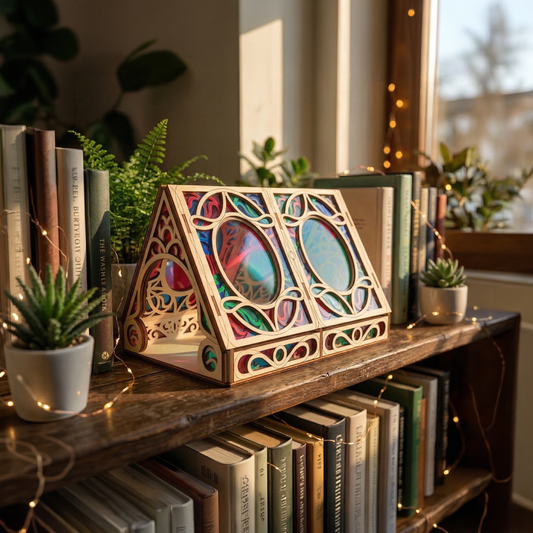 Decorative laser cut wooden greenhouse box with stained glass design on a bookshelf.
