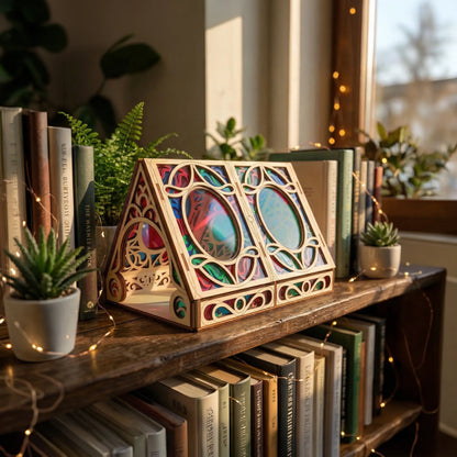 Decorative laser cut wooden greenhouse box with stained glass design on a bookshelf.