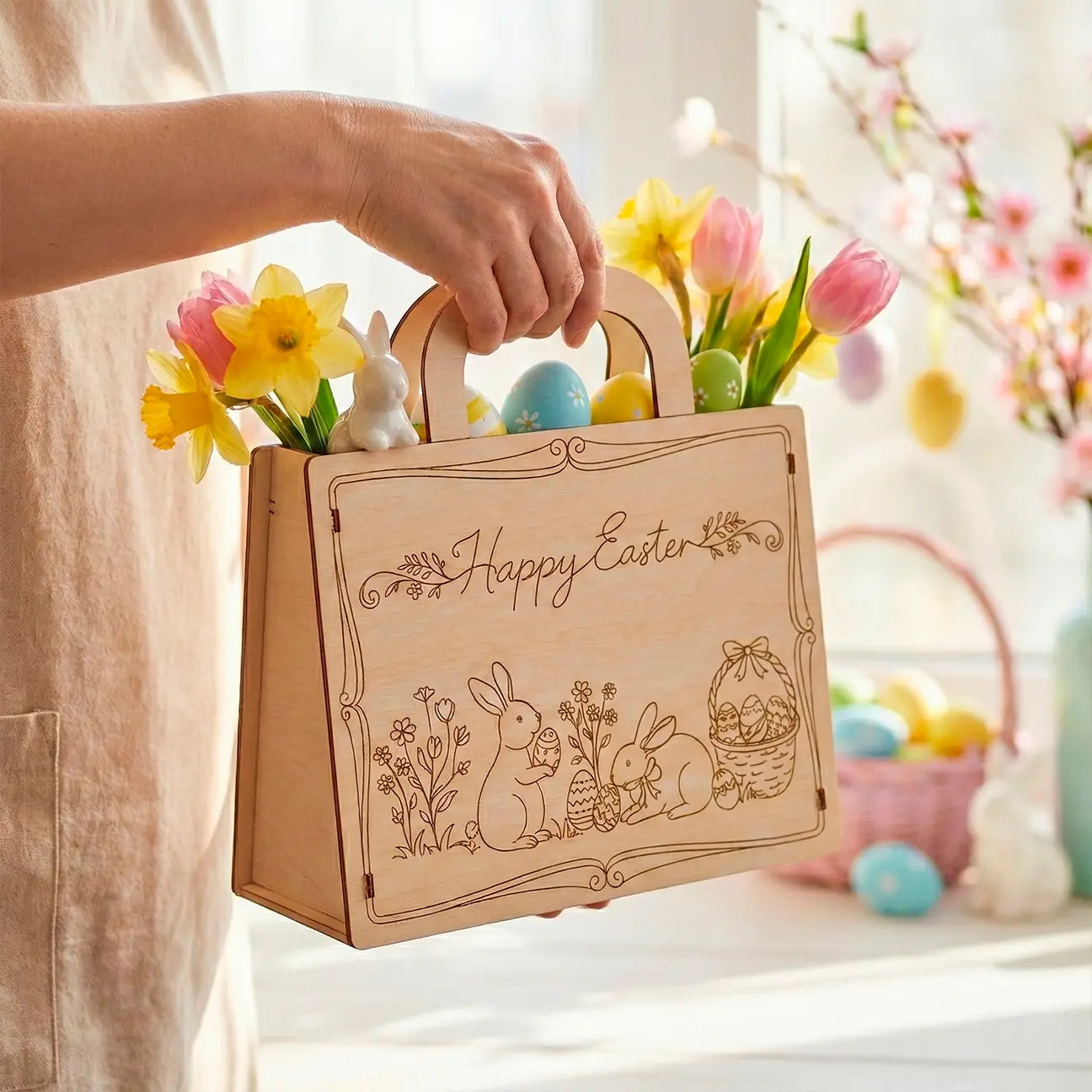 Wooden Easter basket with 'Happy Easter' text and floral decorations, held by a person.