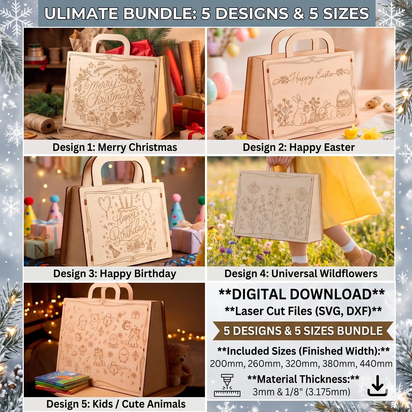 Promotional image of a laser cut design bundle with various holiday-themed bags.