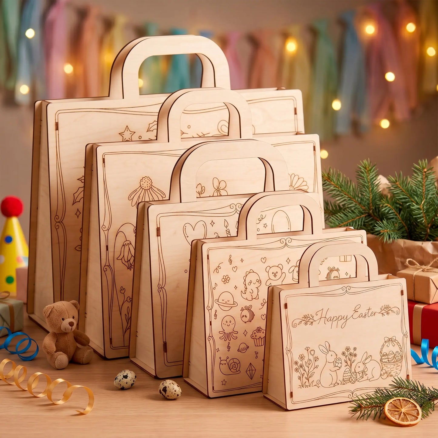 Set of wooden laser cut bags with decorative patterns on a festive background
