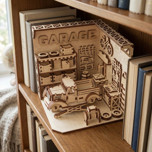 Wooden garage book nook model on a bookshelf
