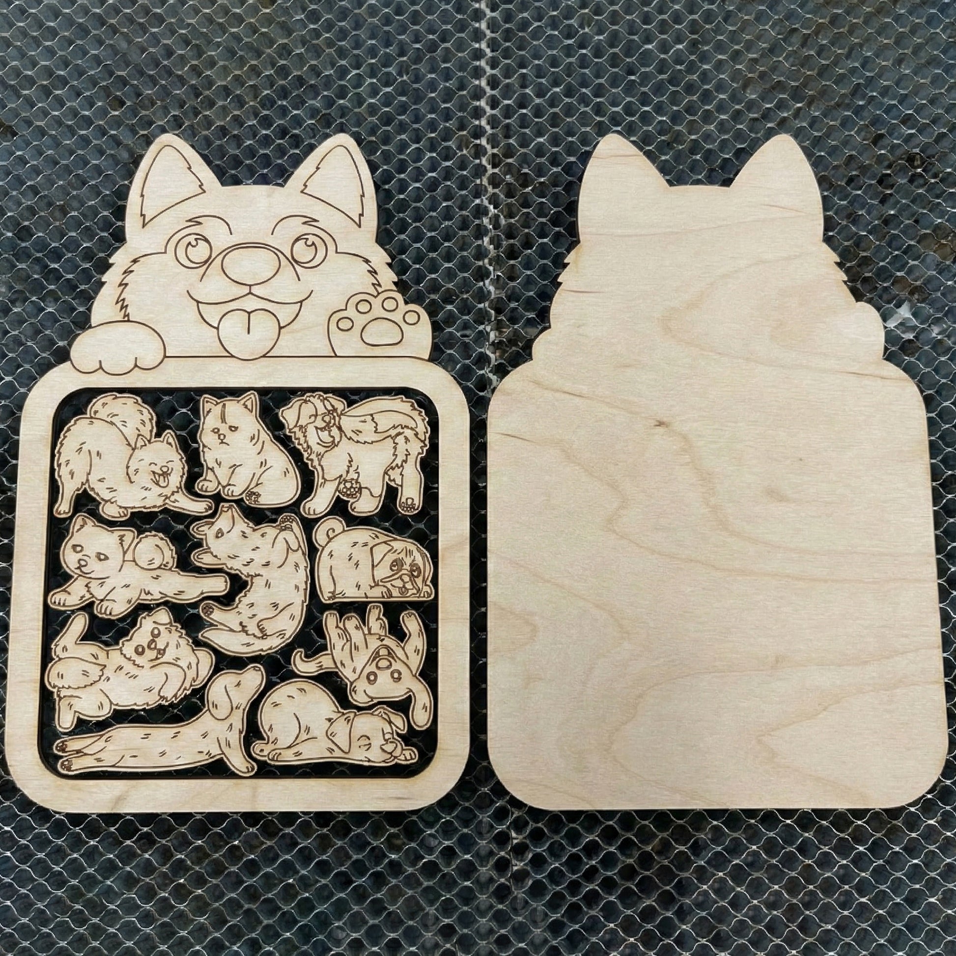 Wooden dog-shaped puzzle with laser cut-out dog designs on a textured surface