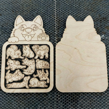 Wooden dog-shaped puzzle with laser cut-out dog designs on a textured surface