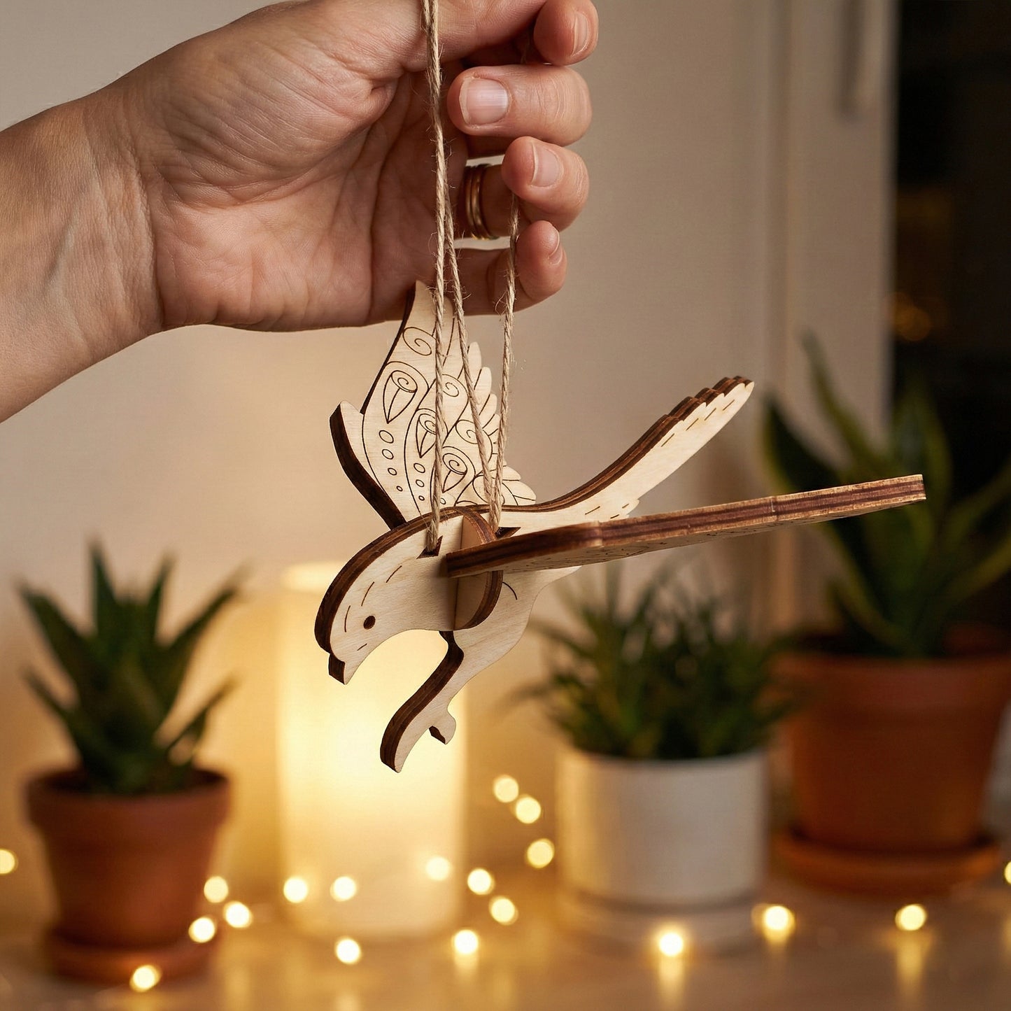 Hand holding a wooden laser cut dove ornament with a blurred indoor background