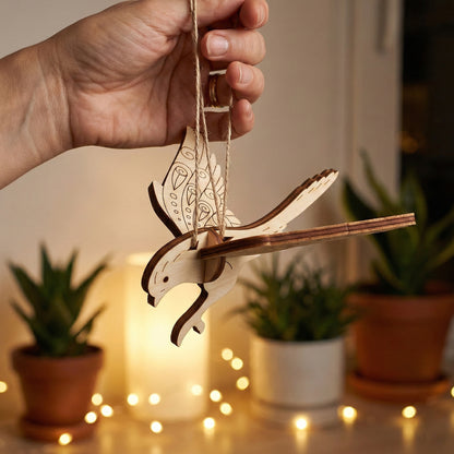 Hand holding a wooden laser cut dove ornament with a blurred indoor background